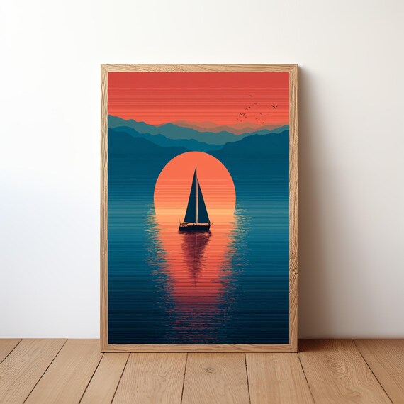 Sailboat Silhouette In Setting Orange Sun Layered Blue Mountains Sea Poster