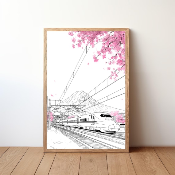 Japanese Bullet Train Spring Cherry Blossom Fuji Sketch Art Poster