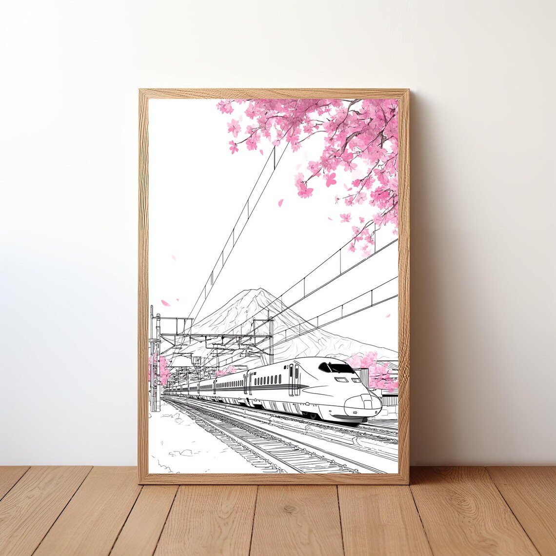 Japanese Bullet Train Spring Cherry Blossom Fuji Sketch Art Poster