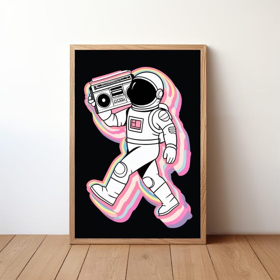 Astronaut Speaker Poster Retro Space Wall Art Funky Music Print Vintage Scifi Decor Cosmic Boombox Illustration Rb29