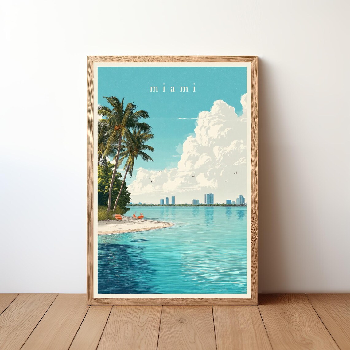 Miami Florida Beach Travel Poster Palm Trees Turquoise Water Skyline