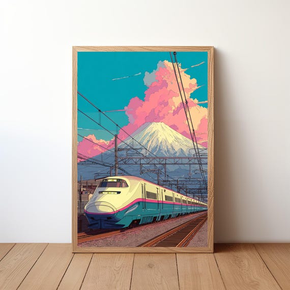 Japanese Bullet Train Poster Modern Shinkansen Wall Art Mt Fuji Landscape Print Retro Travel Decor High Speed Railway Illustration Rb53
