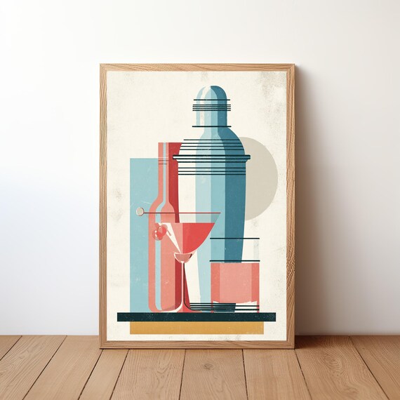Mid Century Modern Cocktail Illustration Geometric Bar Art Poster