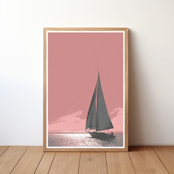 Sailboat Pink Sky Monochrome Minimalist Dark Silhouette Calm Sea Art Poster