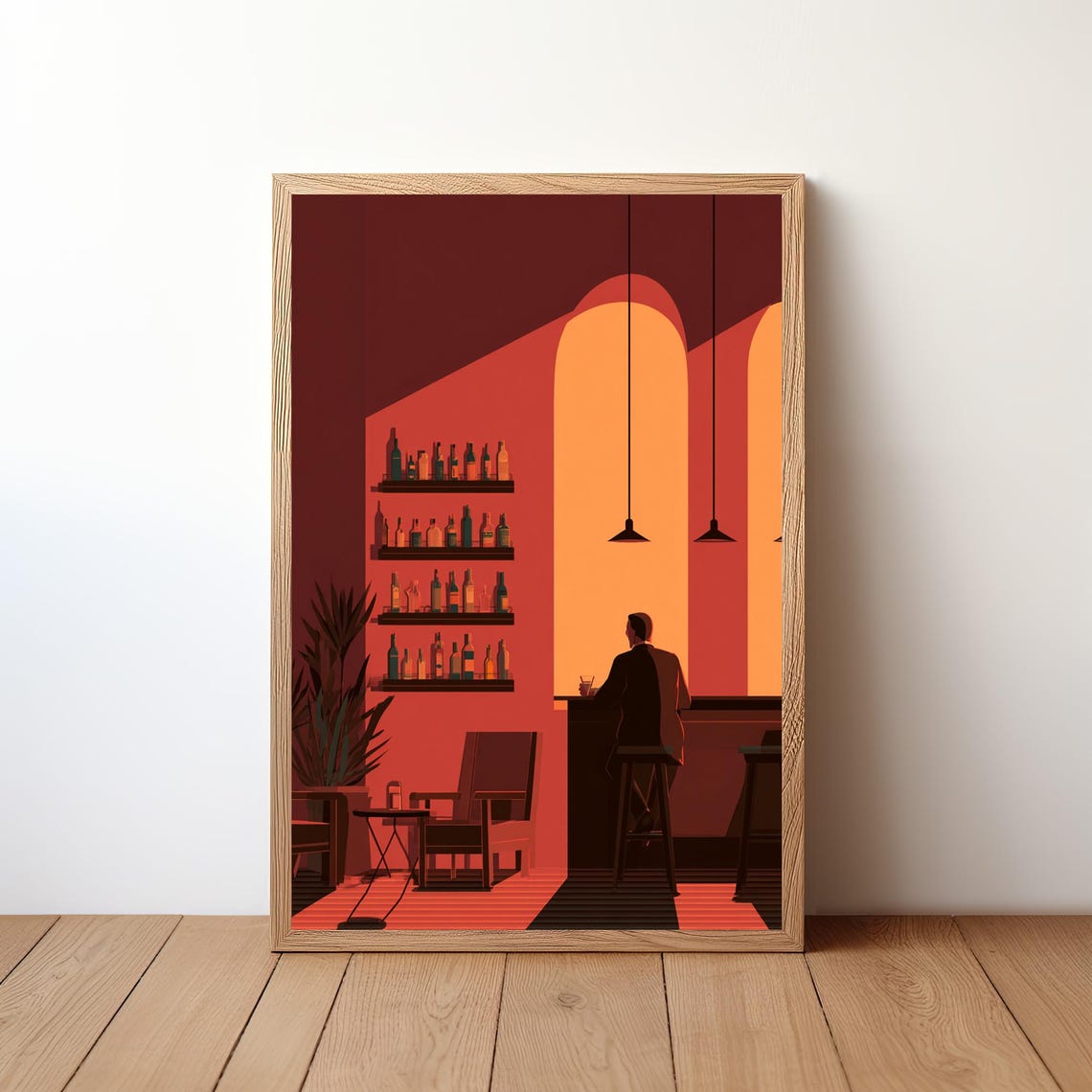 Retro Red Bar Lone Patron Bold Geometric Illustration Poster
