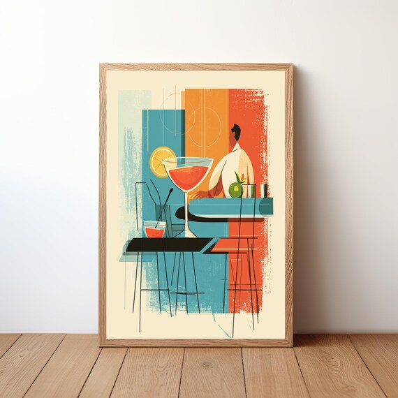 Mid Century Cocktail Bar Bartender Martini Illustration Poster