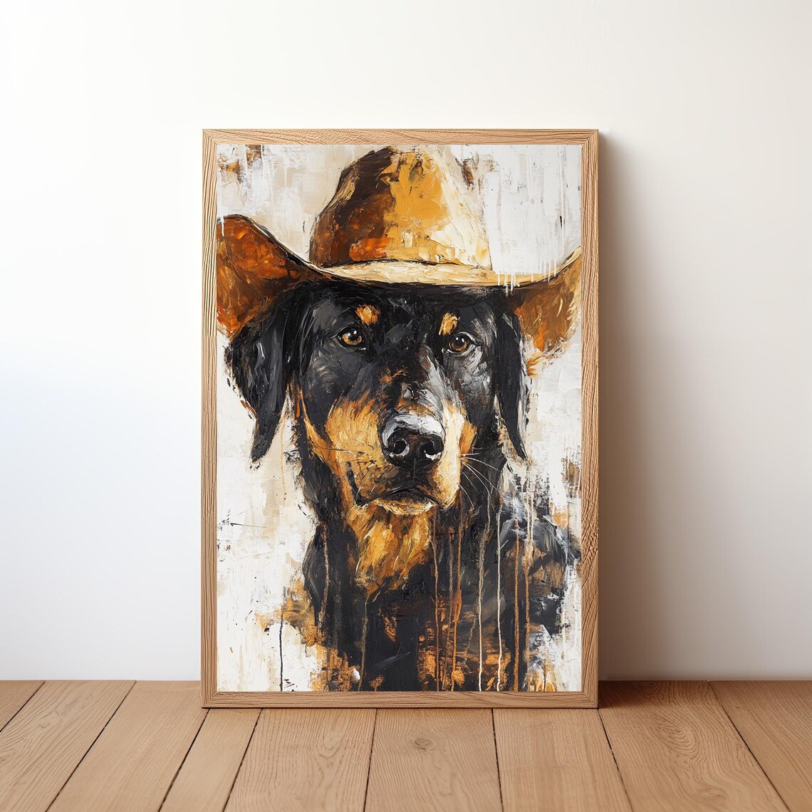 Black Tan Dog Cowboy Hat Western Rustic Painting Dog Lover Wall Art