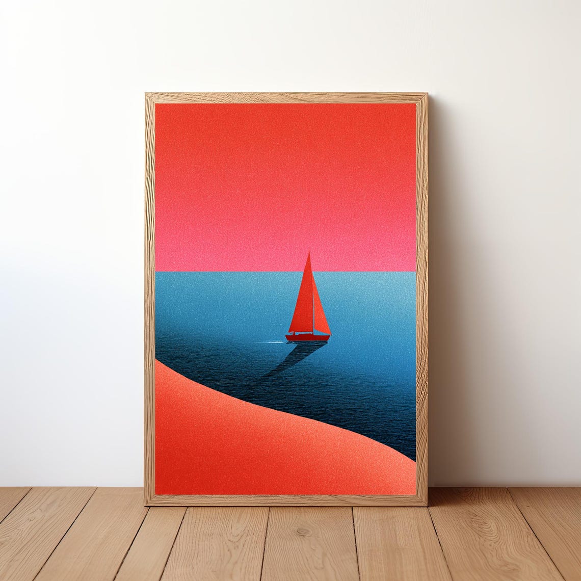 Red Sunset Sailboat Bold Minimal Abstract Ocean Color Poster