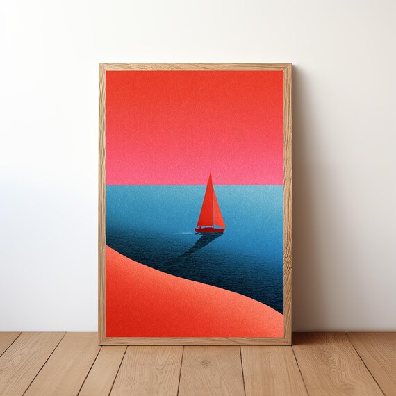 Red Sunset Sailboat Bold Minimal Abstract Ocean Color Poster