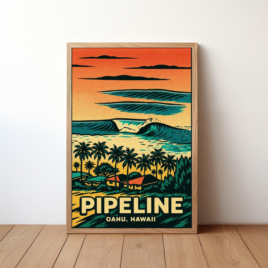 Pipeline Oahu Hawaii Big Wave Sunset Retro Surf Travel Poster