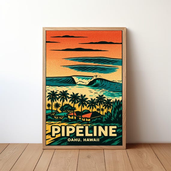 Pipeline Surf Poster Oahu Hawaii Wave Art Pop Beach Print North Shore Decor Retro Ocean Illustration Big Wall Rb16