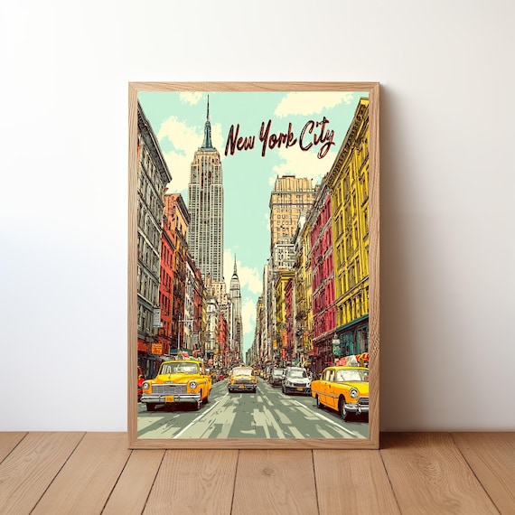 New York City Street Poster Yellow Taxis Empire State Building Scene