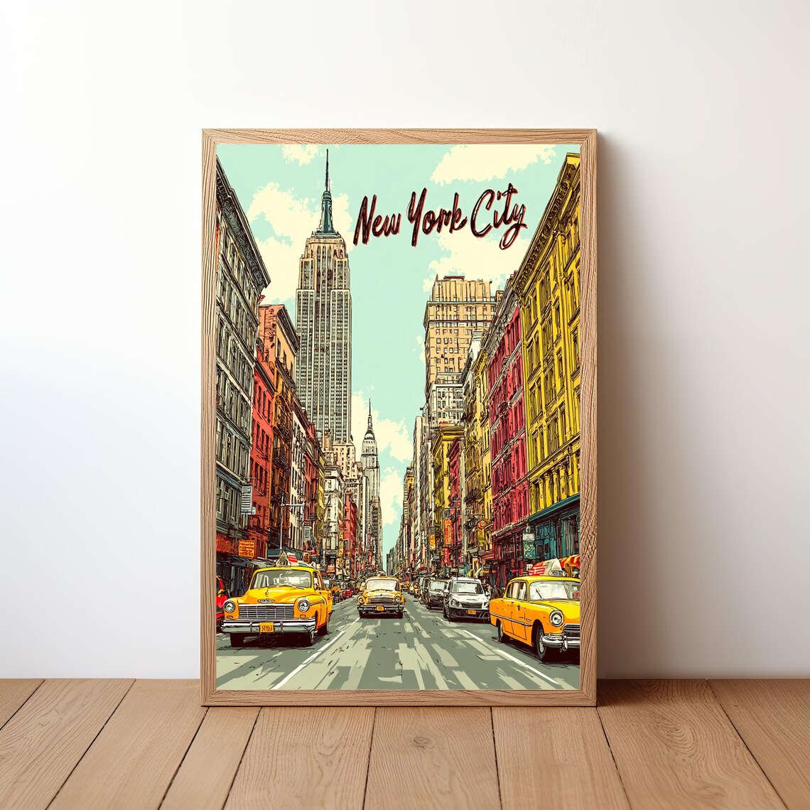 New York City Street Poster Yellow Taxis Empire State Building Scene