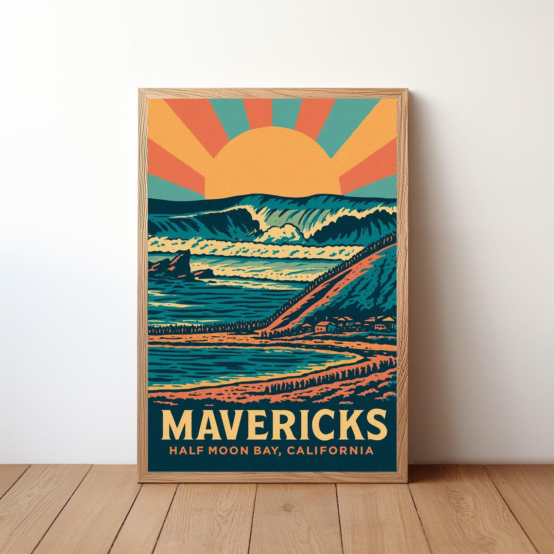 Mavericks Half Moon Bay Big Wave California Retro Surf Poster