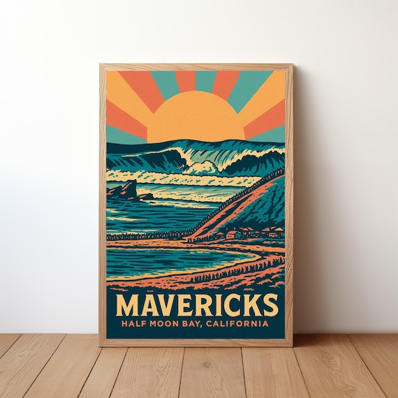 Mavericks Half Moon Bay Big Wave California Retro Surf Poster