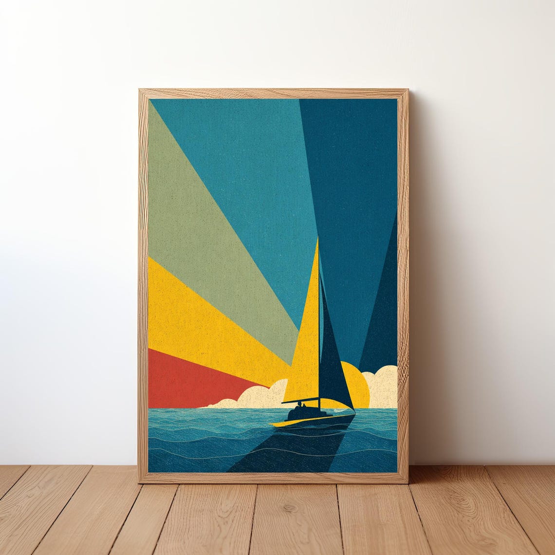 Geometric Sunset Sailboat Color Block Rays Retro Ocean Poster