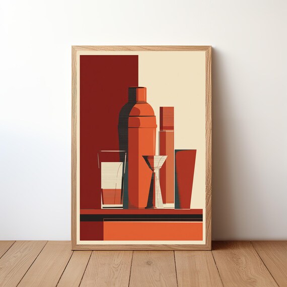 Retro Geometric Cocktail Shaker Martini Bar Scene Minimalist Print