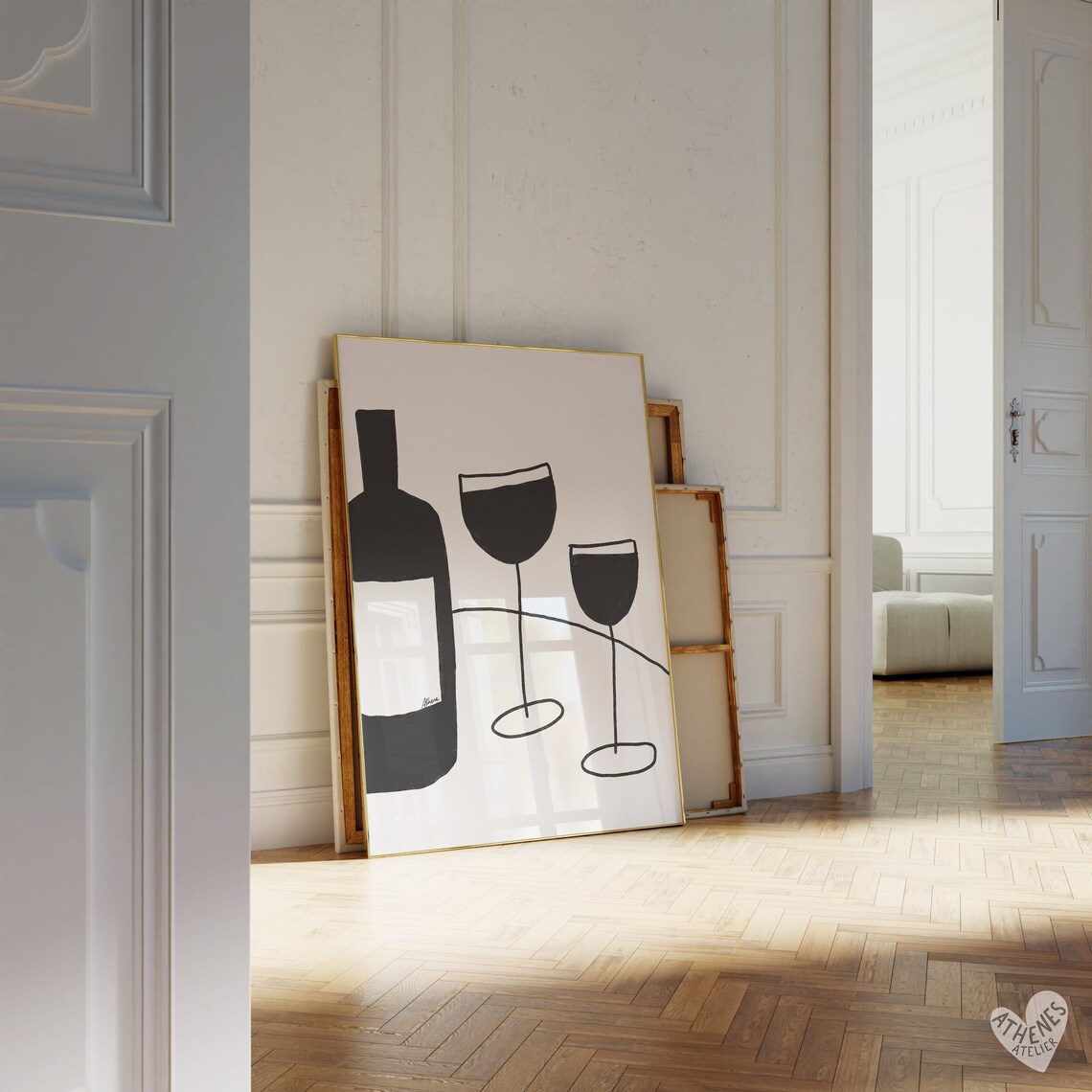Wine Bottle and Glasses Minimalist Black Line Bar Cart Art Poster
