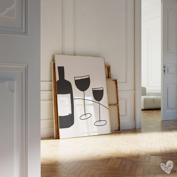 Wine Bottle and Glasses Minimalist Black Line Bar Cart Art Poster