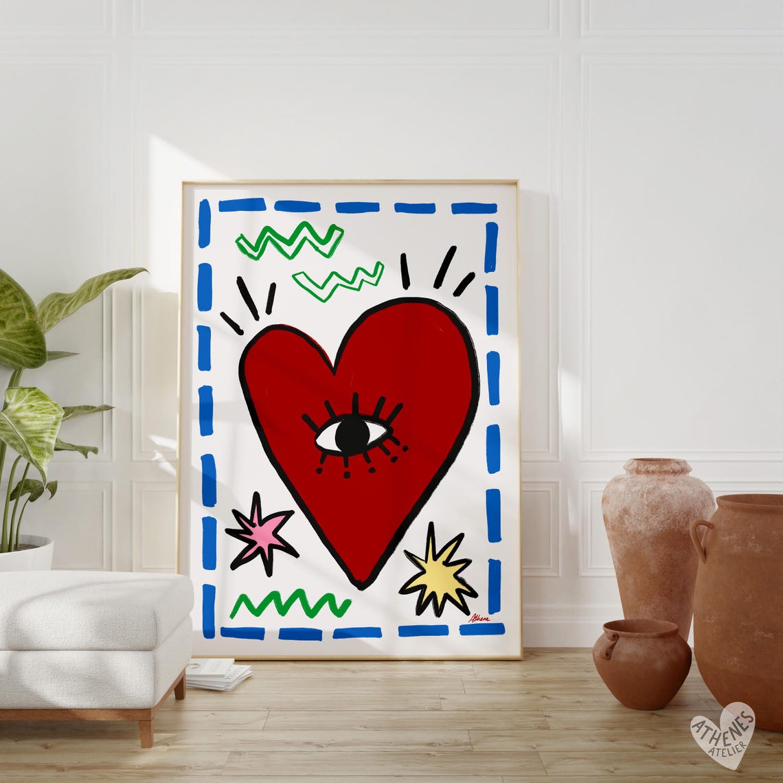Doodle Heart With Eye Colorful Pop Art Trendy Indie Bedroom Wall Art