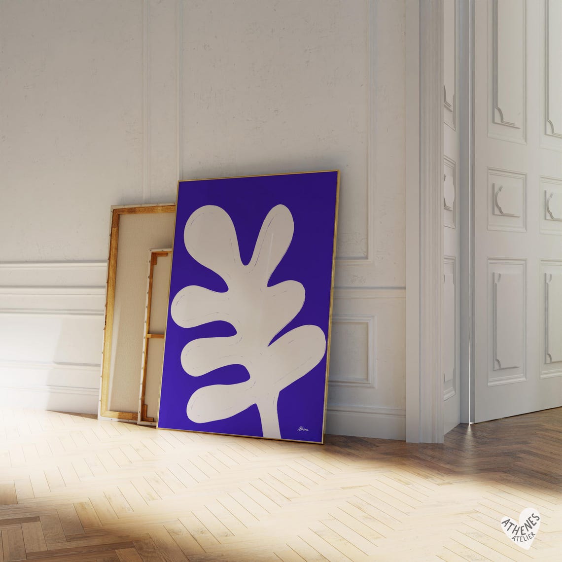 Abstract Print Navy Blue Flower Modern Home Decor Colorful Minimalist Art Mid Century Matisse Inspired Dark Wall