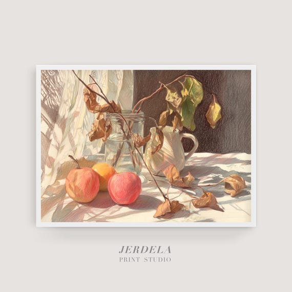 Autumn Still Life Print Apples Dried Leaves Window Light Art