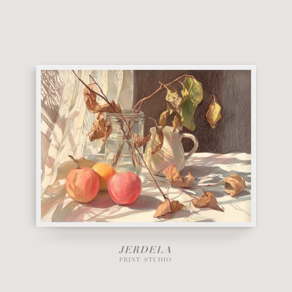Autumn Still Life Apples Dried Leaves Window Light Art Print