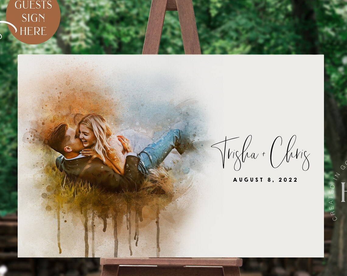 Custom Watercolor Wedding Guest Sign Board Couple Kiss Portrait Poster