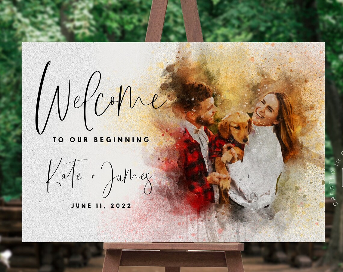 Personalized Watercolor Couple Portrait Wedding Sign