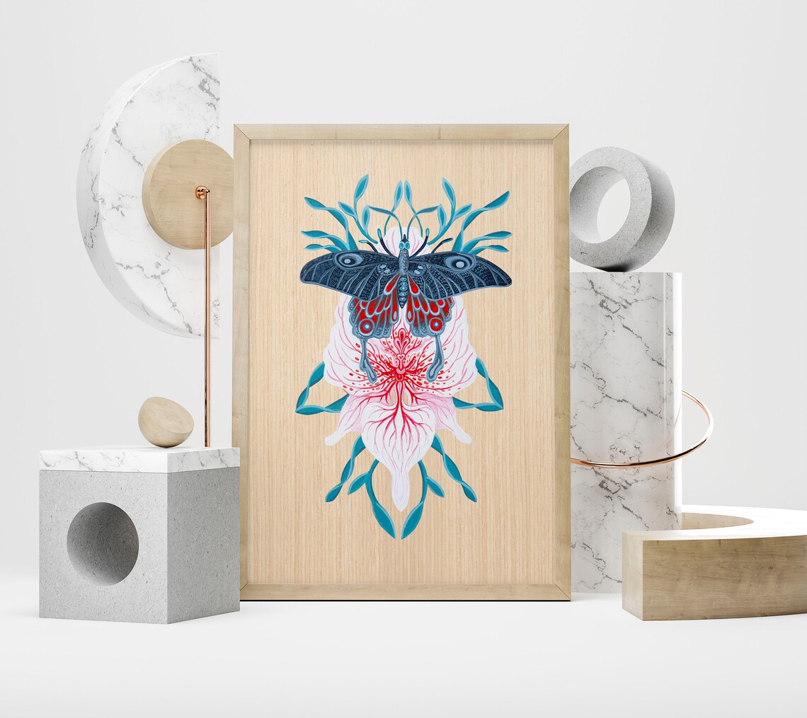 Midnight Blue Butterfly Over Red Veined Orchid Tropical Art Poster - Image 2