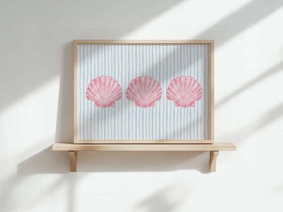 Pink Scallop Shell Trio Blue Striped Coastal Beach Decor Poster