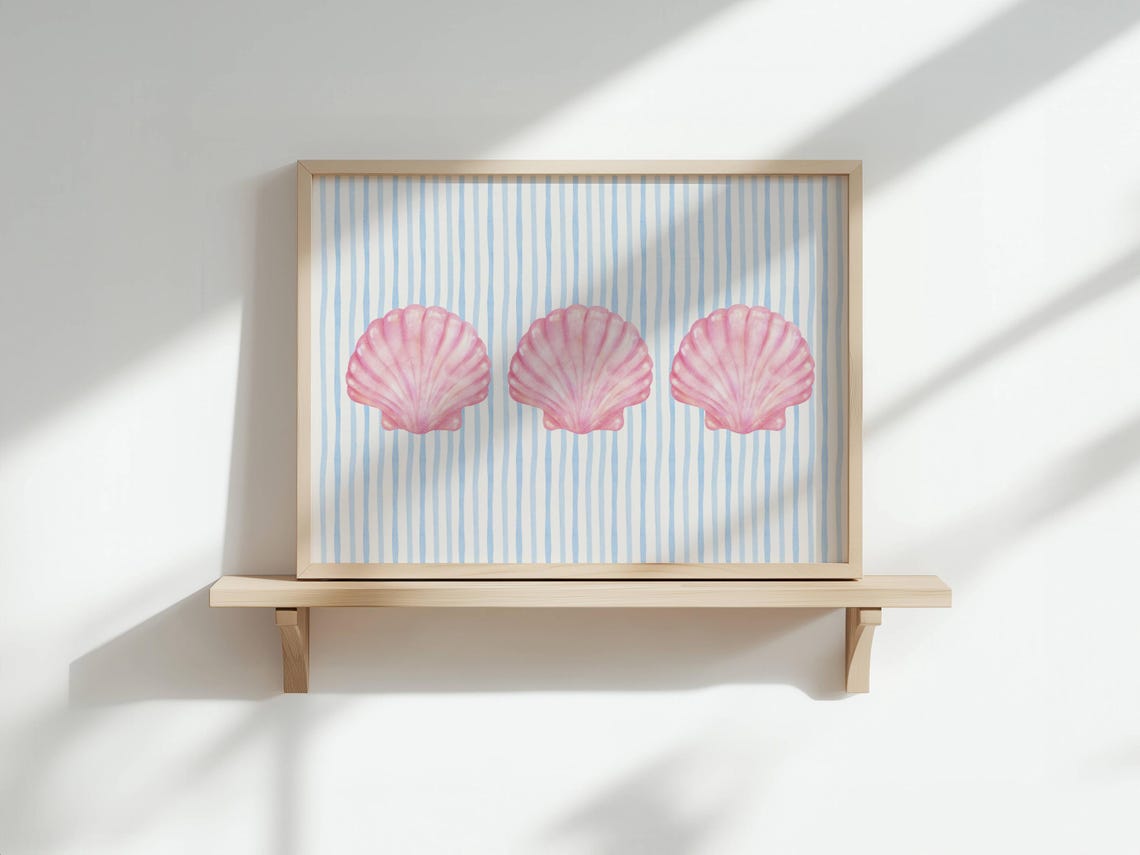 Pink Scallop Shell Trio Blue Striped Coastal Beach Decor Poster