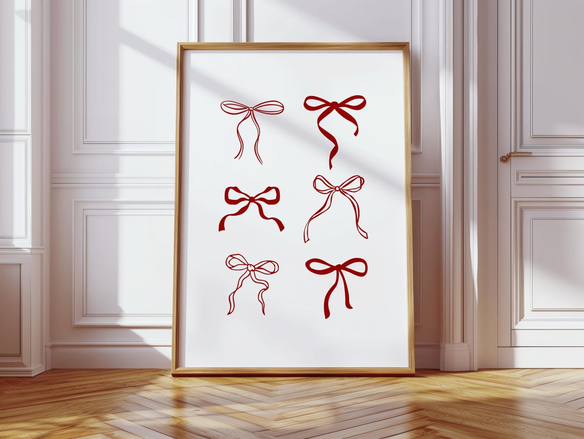 Red Bow Print Trendy Coquette Wall Art Feminine Fun Retro For Dorm Or Bedroom Decor