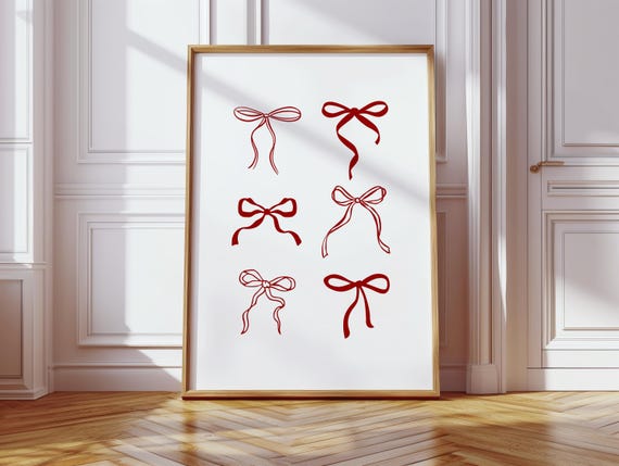 Red Bow Print Trendy Coquette Wall Art Feminine Fun Retro For Dorm Or Bedroom Decor