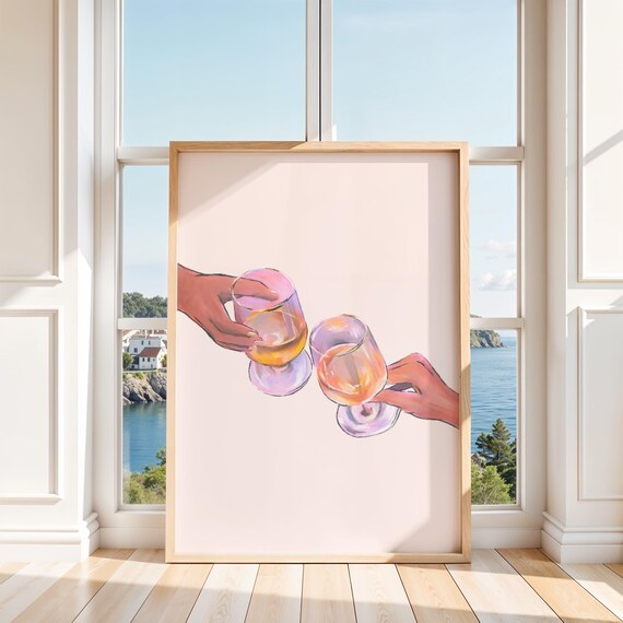 Pink Wine Glasses Cheers Toast Watercolor Bar Cart Print for Her