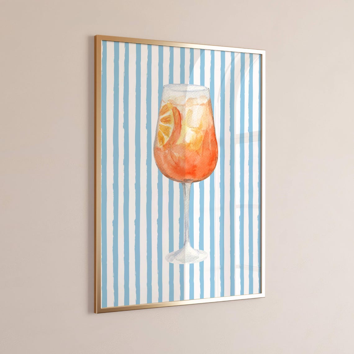 Aperol Spritz Watercolor Cocktail Blue Striped Bar Cart Art Poster