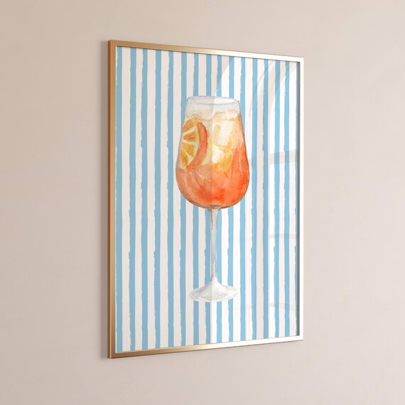 Aperol Spritz Watercolor Cocktail Blue Striped Bar Cart Art Poster