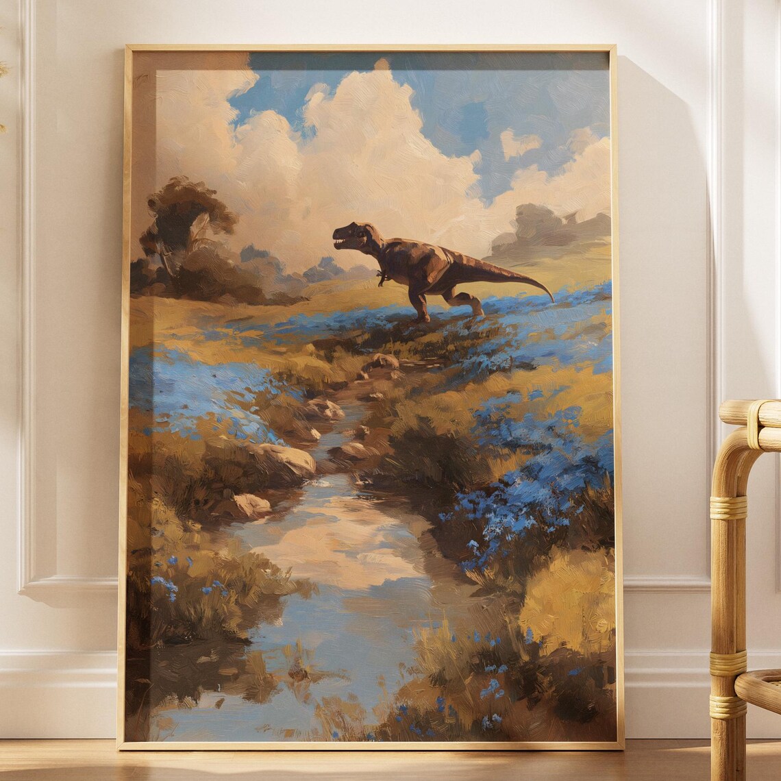 Tyrannosaurus Rex Walking Wildflower Meadow Stream Painterly Art Poster