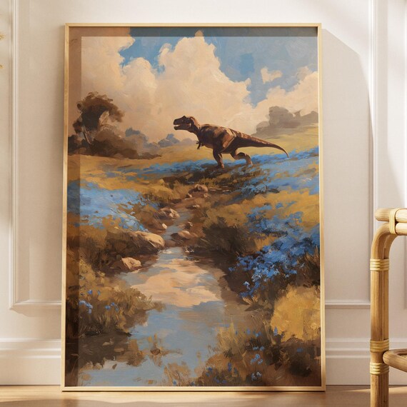 Tyrannosaurus Rex Walking Wildflower Meadow Stream Painterly Art Poster