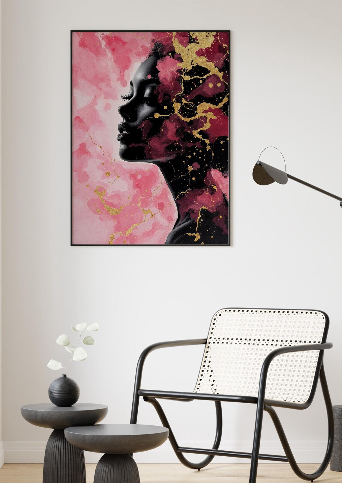Pink And Gold Ink Abstract Woman Profile Artistic Wall Poster - Image 2
