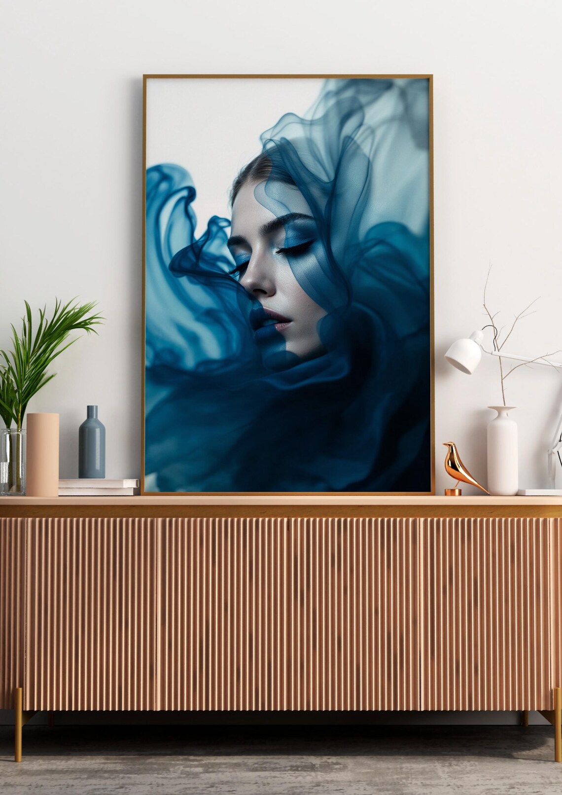 Woman Veiled in Flowing Blue Smoke Dramatic Profile Wall Poster - Image 3