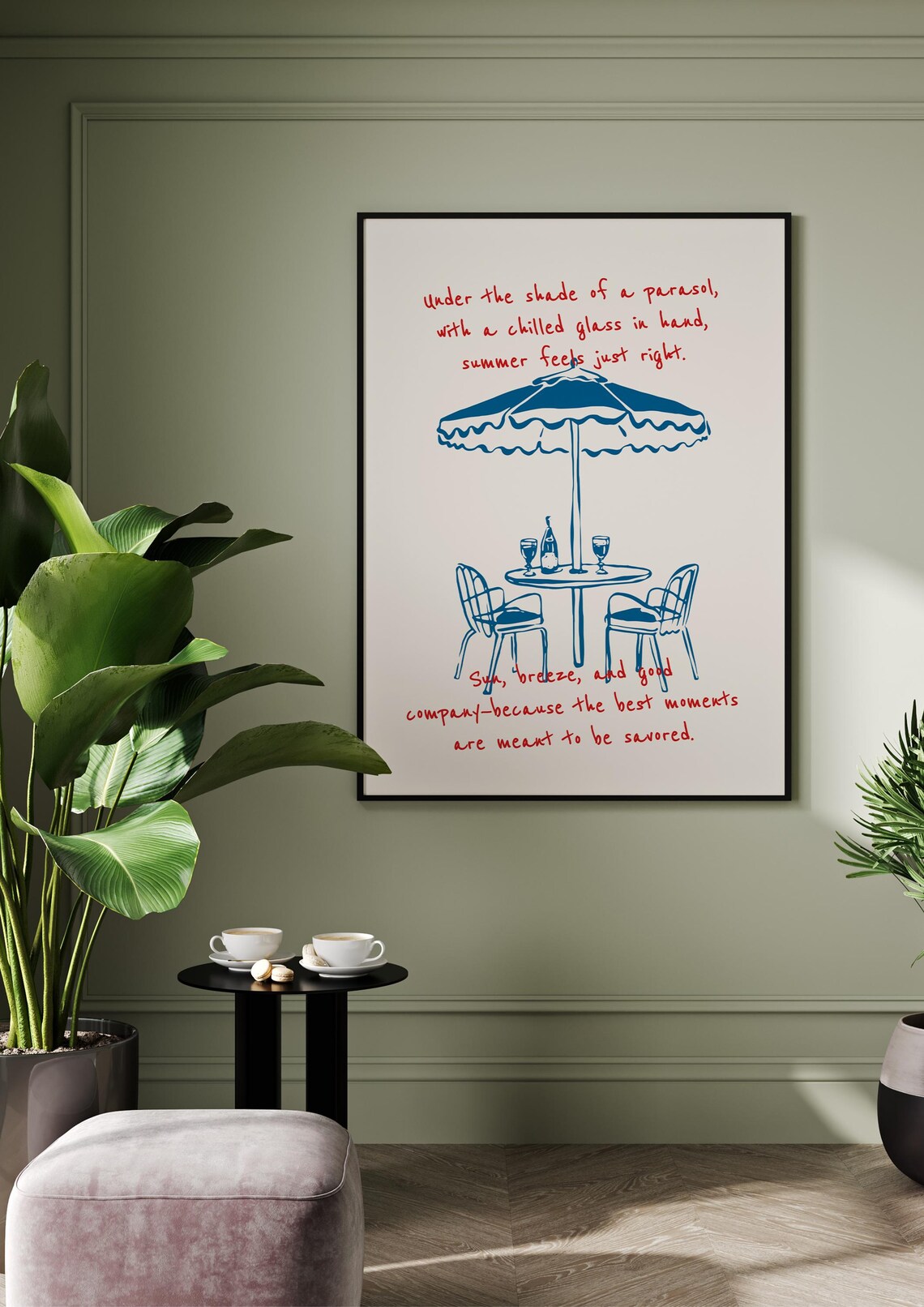 Blue Parasol Minimalist Poster, Red Typography - Image 3