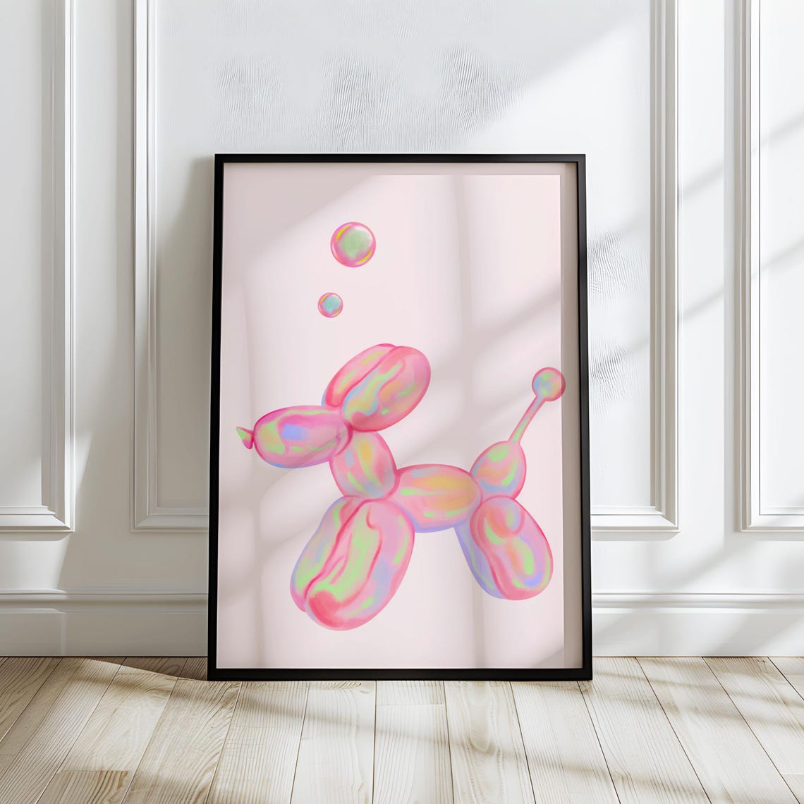 Pink Watercolor Balloon Animal Dog Poster with Iridescent Pastel Shine