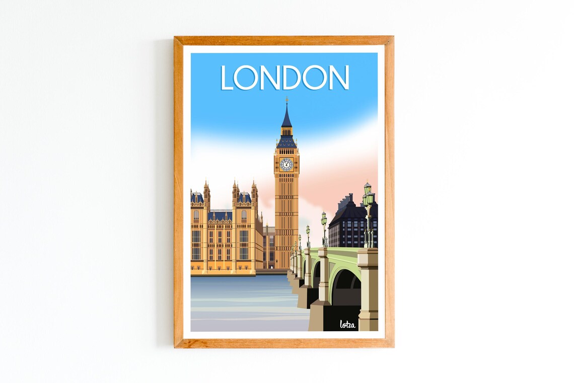 London Big Ben Westminster Bridge Minimalist Vintage Travel Poster