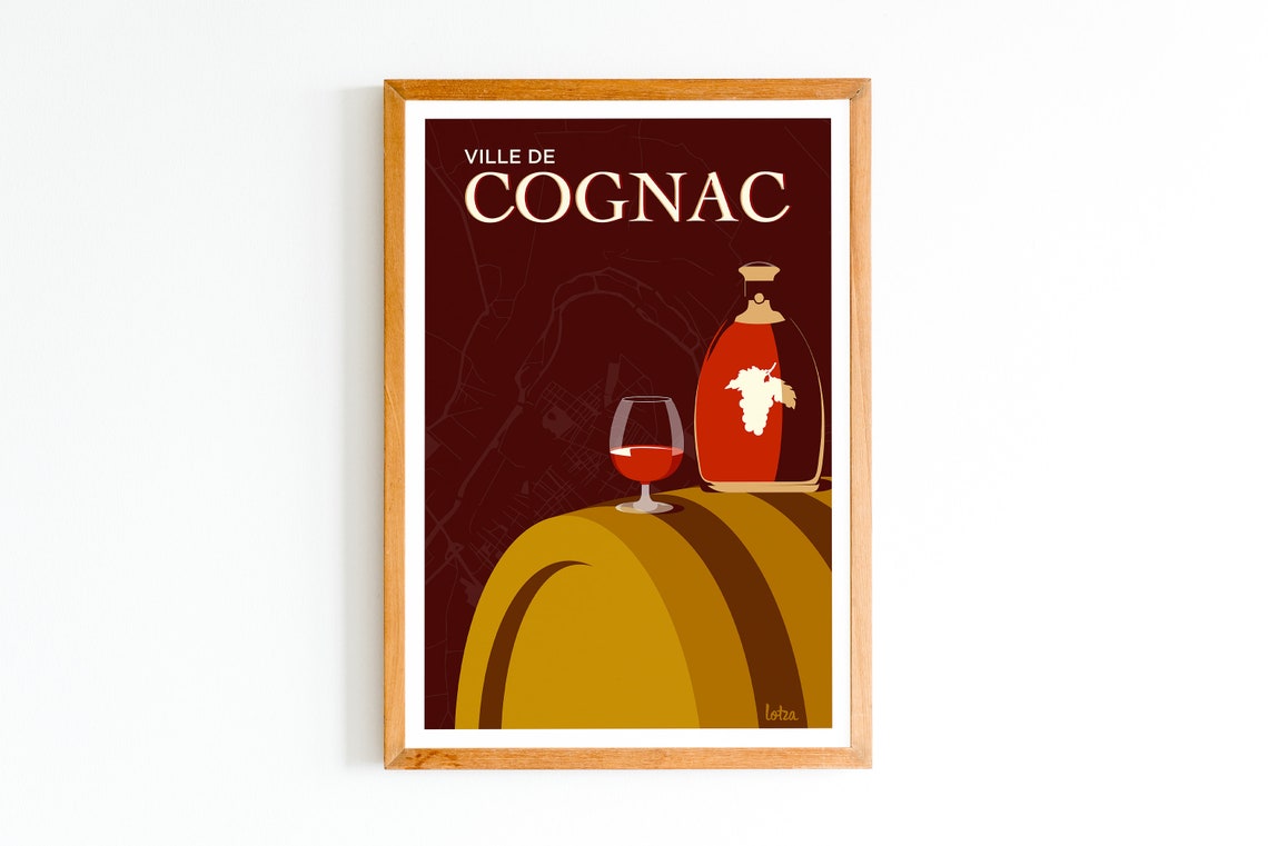 Ville de Cognac Brandy Bottle Resting on Barrel Vintage French Poster
