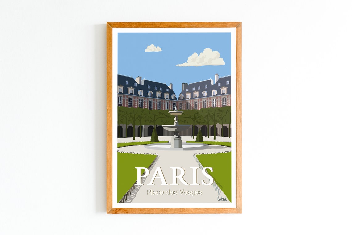 Paris Place des Vosges Historic Square Fountain Travel Poster