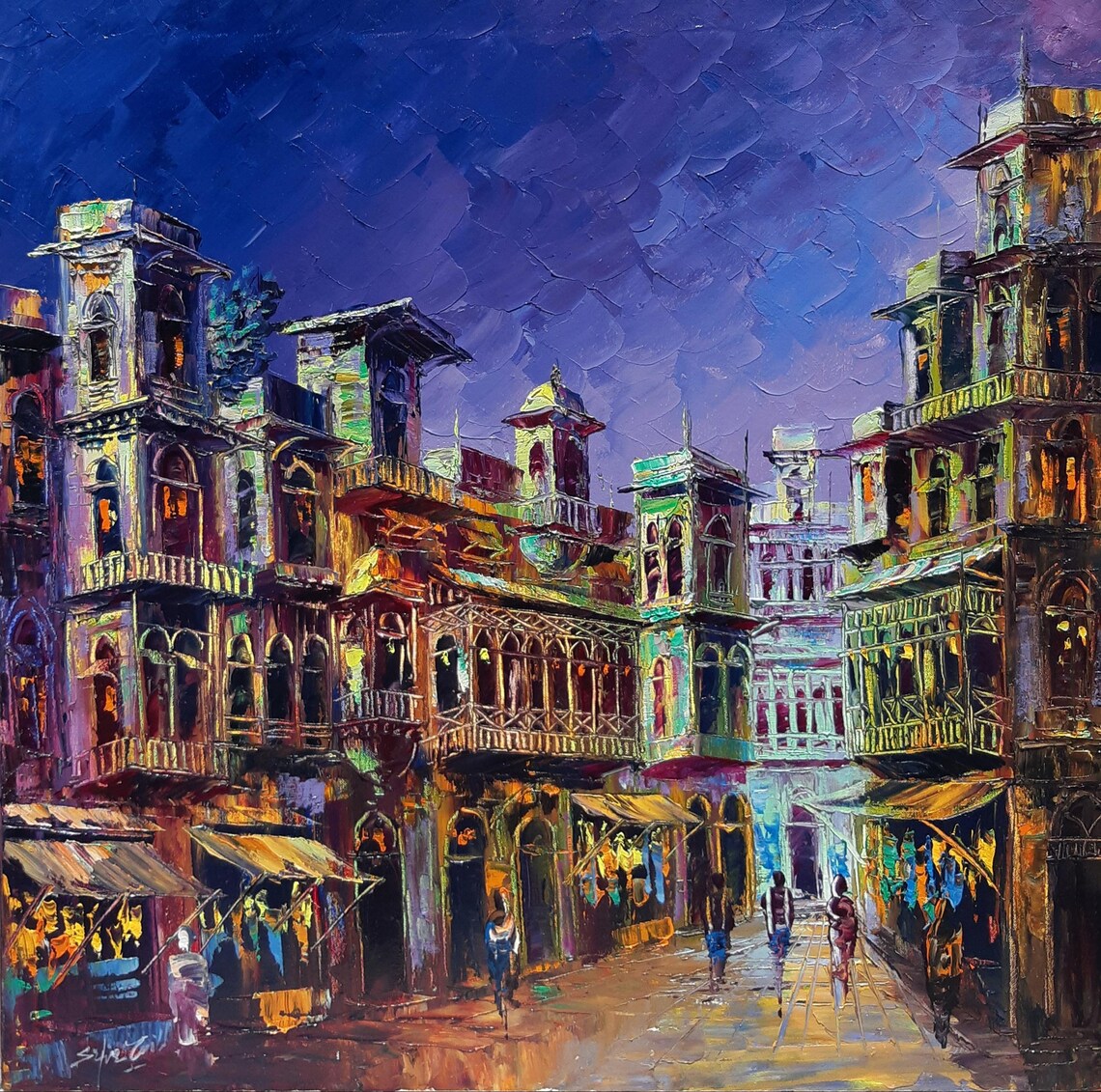 Old Town Night Market Colorful Buildings Original Oil Painting Poster - Image 3