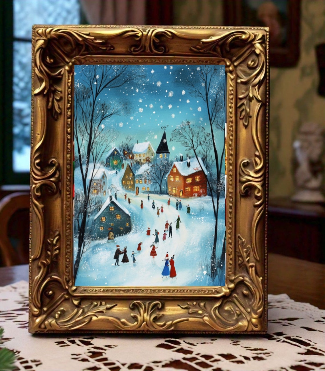 Snowy Winter Village Skaters Cozy Cottages Falling Snowflakes Poster - Image 2