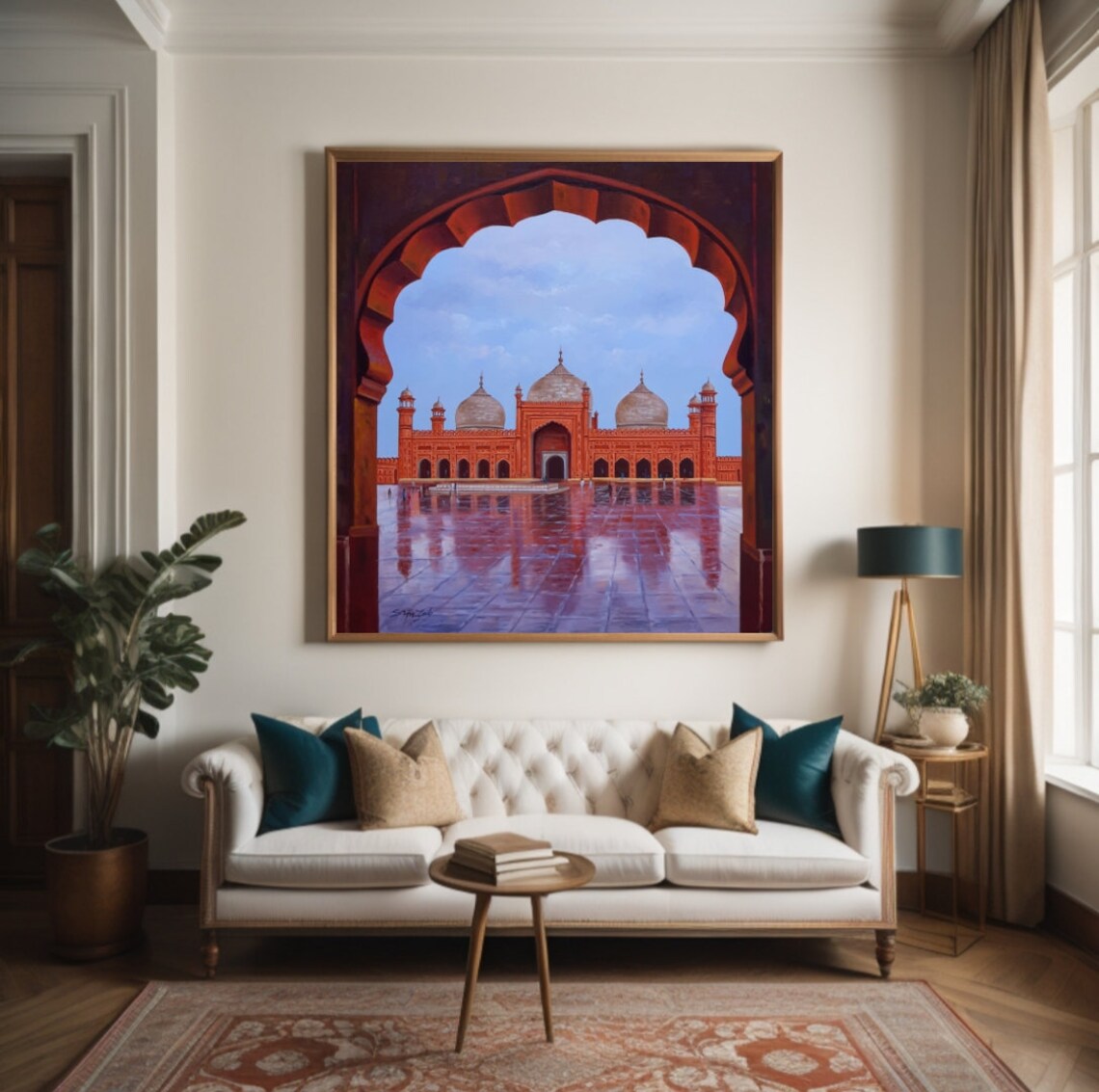 Badshahi Mosque Through Mughal Arch Rainy Courtyard Oil Art Poster - Image 2