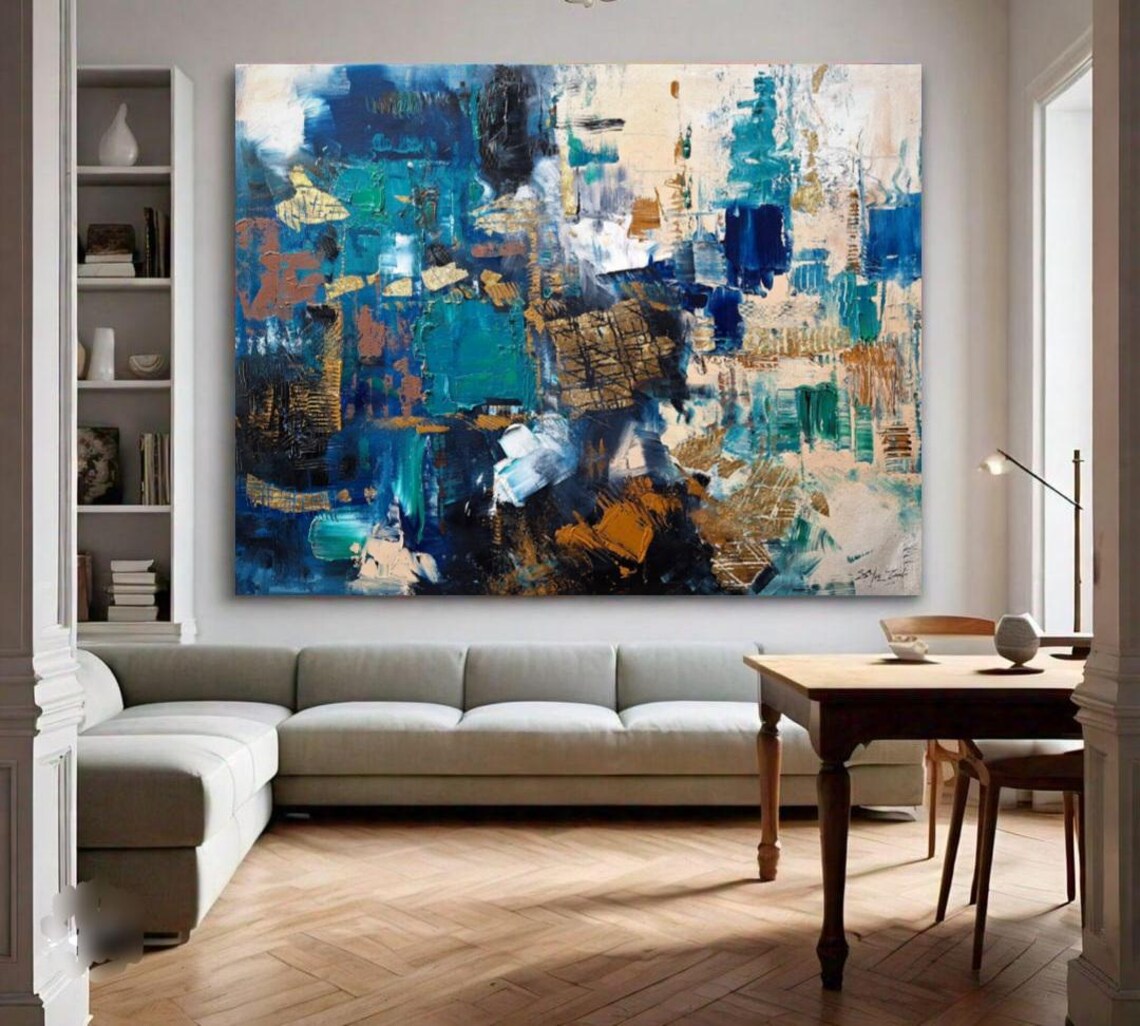 Blue Teal Cream Abstract Impasto Oil Painting Textured Art Poster - Image 2